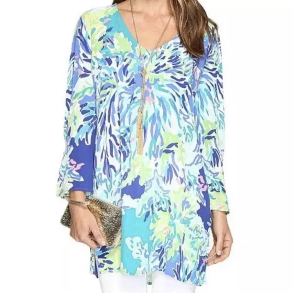 Lilly Pulitzer Sz M Lantana Tunic Top Wade & Sea Crinkle Gauze V-Neck Coverup